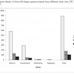 Fig.1. Spore density of four AM fungus genera isolated from different study sites (UF, SBF and MF).