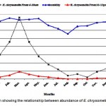 Fig. 3: The graph showing the relationship between abundance of E. chrysomelin & humidity 8