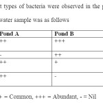 Table 2: Four different types of bacteria were observed in the plates. The intensity of each type recorded in water sample was as follows