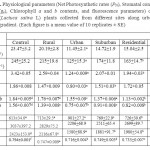 Table 1. Physiological parameters (Net Photosynthetic rates (PN), Stomatal conductance (gs), Chlorophyll a and b contents, and fluorescence parameters) of lettuce (Lactuca sativa L) plants collected from different sites along urbanization gradient. (Each figure is a mean value of 10 replicates Â± SE)