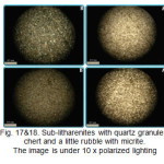 Fig. 17&18. Sub-litharenites with quartz granules, chert and a little rubble with micrite. The image is under 10 x polarized lighting