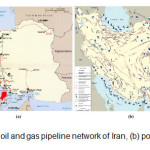 Figure 2 â€“ (a) national oil and gas pipeline network of Iran, (b) potential fault map of Iran