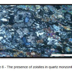 Figure 6 - The presence of zoisites in quartz monzonite (XPL)