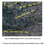 Fig. 4: Satellite image in 2012, vectors show the pressure  of city growth on historical gardens and farmlands (Source: Ibid)