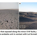 Fig. 1: Basaltic unit that exposed along the minor E-W faults, and dacitic dome in the left (A), basaltic-andesite unit in contact with Lut formation (looking south).