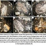 Fig. 3: Sieve texture in plagioclases of the first generation of and normal plagioclases of second generation (A), Sericitization of the calcic cores of plagioclase with its zoned margin (B), plagioclases with sieved core and zoned margin (C&D), Sericitization of the sieved cores of first generation with polysynthetic twinning in the margin and second generation with traverse twining and microlitic texture in the third generation (E), Glomeroporphyritic texture in the basaltic-andesite (F).