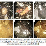 Fig. 4: Sieve texture and rounded pyroxene (A), Corroder margins of clinopyroxene and sieve texture in plagioclase (B), blobs of mafic magma in the andesite (C&D), two different magma interactions and corroded amphibole (E&F).