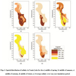 Figs. 3: Spatial distribution of salinity in Urmia Lake for the a) middle of spring, b) middle of summer, c) middle of autumn, d) middle of winter, e) Average salinity over one year simulation period