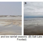 Fig. 7: (A) Salt Lake in the dry and low rainfall seasons. (B) Salt Lake in rainy seasons (Photo by M. Foudazi)