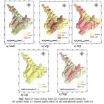 Fig3. Maps of water erosion index (a), vegetation quality index (b), soil quality index (c), climate quality index (d) and management quality index (e)