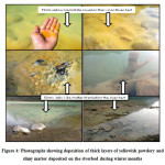 Figure 4: Photographs showing deposition of thick layers of yellowish powdery and slimy matter deposited on the riverbed during winter months