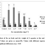 Fig. 3. Effects of Zn on fresh and dry weight of I. aquatica at the end of 15 days exposure; Values are given as meanÂ±SE; Values with different superscript letters indicate significant differences at p < 0.05