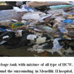 Figure 1: Municipal garbage tank with mixture of all type of HCW, over full and droppings of refuse around the surrounding in Menellik II hospital, February 2015.
