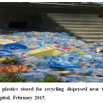 Figure 3: Water bottle plastics stored for recycling dispersed near the incinerator open field in Menellik II Hospital, February 2015.