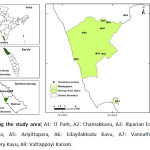 Fig.1Showing the study area( A1: IT Park, A2: Chamakkavu, A3: Riparian Ecosystem, A4: Madayippara, A5: Ariyittapara, A6: Edayilakkadu Kavu, A7: Vannathikanam, A8: Mappittassery Kavu, A9: Vattappoyi Kanam.