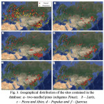 Fig. 3. Geographical distribution of the sites contained in the database: Ð°â€“ two-needled pines (subgenus Pinus);    b â€“ Larix, c â€“ Picea and Abies, d â€“ Populus and  f â€“ Quercus.