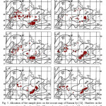 Fig. 5. Allocation of the sample plots on the isocont map of Eurasia by [32]. Numbers on the map represent specific values of the Khromovâ€™s continentality index (X axis is longitude, Y axis is latitude in degrees). Species designations see on the Fig. 4.